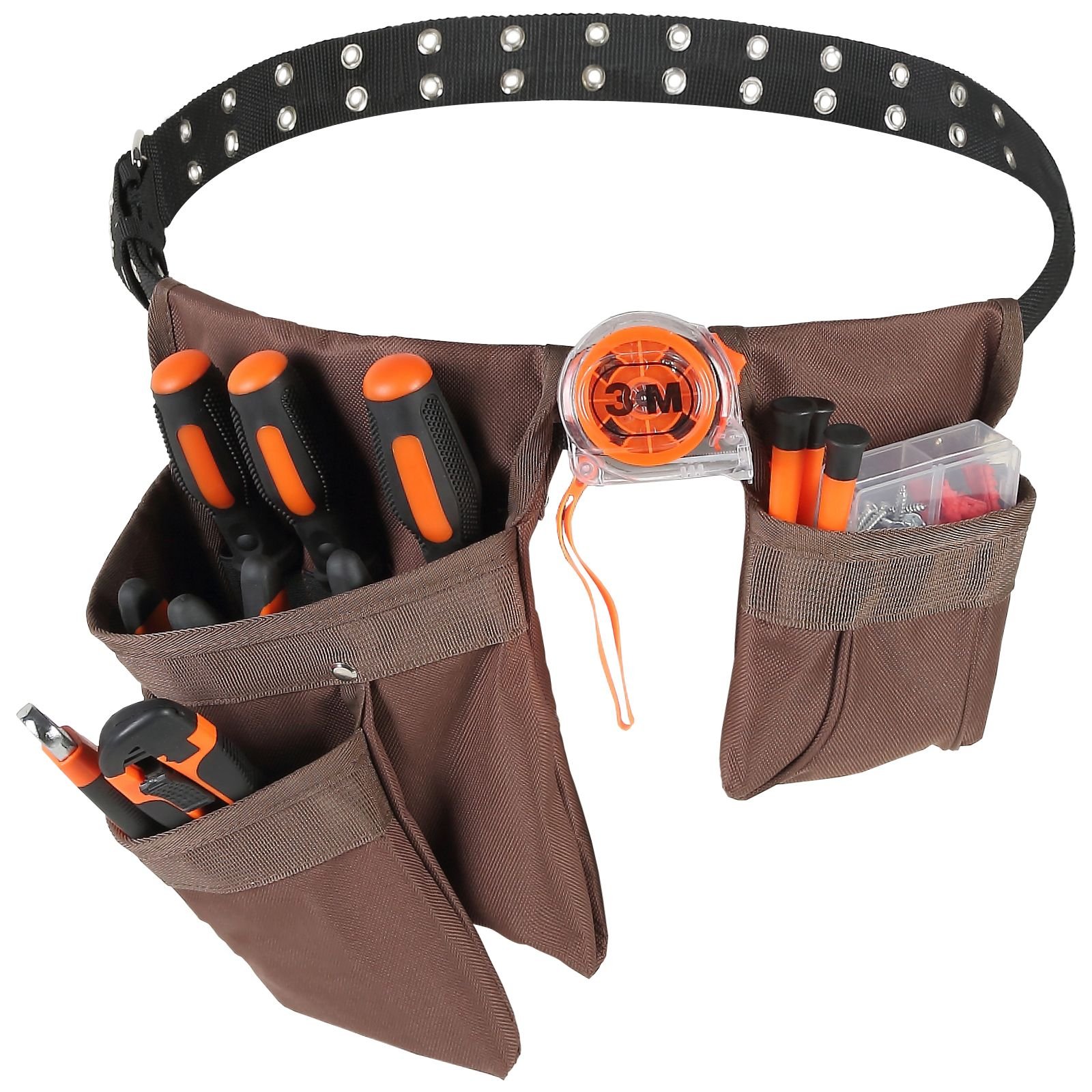 tool belt, adjusts from 29 inches to 54 inches, polyester heavy duty tool pouch bag, detachable tool bag for electrician, carpenter, handyman, woodworker, construction, framer, brown
