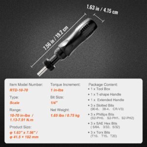torque screwdriver, 1/4" drive screwdriver torque wrench, electrician torque screwdriver with scale, 10 70 in/lbs torque range, 1 in lbs torque increment torque screwdriver with bits & case