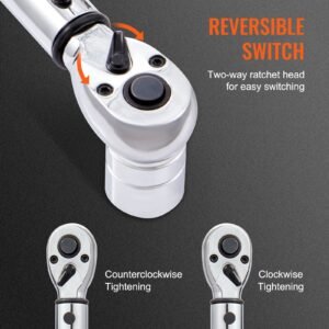torque wrench, 10 150ft.lb/14 204n.m 1/2 inch drive click torque wrench, dual direction adjustable torque wrench set, mechanical dual range scales torque wrench kit with adapters extension rod
