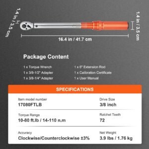 torque wrench, 3/8 inch drive click torque wrench 10 80ft.lb/14 110n.m, dual direction adjustable torque wrench set, mechanical dual range scales torque wrench kit with adapters extension rod