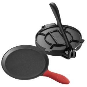 Tortilla Press, 10 Inch Cast Iron Tortilla and Roti Maker, Heavy Duty Tortilladora Press, Pataconera Makers with Handle and 100 Pcs Parchment Paper, Dough Taco Press for Flour Tortilla, Tawa
