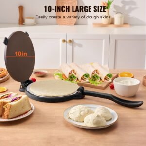 tortilla press, 10 inch tortilla and roti maker, cast iron heavy duty tortilladora press, pre seasoned pataconera maker with 100 pcs parchment paper, dough maker for flour tortilla, tawa, silver