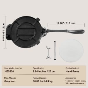 tortilla press, 10 inch tortilla and roti maker, cast iron heavy duty tortilladora press, pre seasoned pataconera maker with 100 pcs parchment paper, dough maker for flour tortilla, tawa, silver