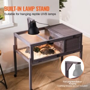 tortoise habitat, wooden tortoise house indoor & outdoor, rolling tortoise enclosure with light stand, reptile enclosure small animal cage with stand legs, wheels, for gecko, lizard, snake