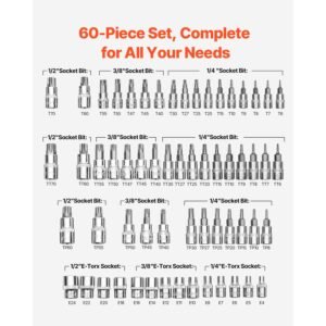 torx bit socket and external torx socket set, 60 piece t6 t70, tt6 tt70, tp8 tp60, e4 e24, s2 alloy steel and cr v steel, 1/4 in, 3/8 in, and 1/2 in drives, with enhanced storage case, hand use