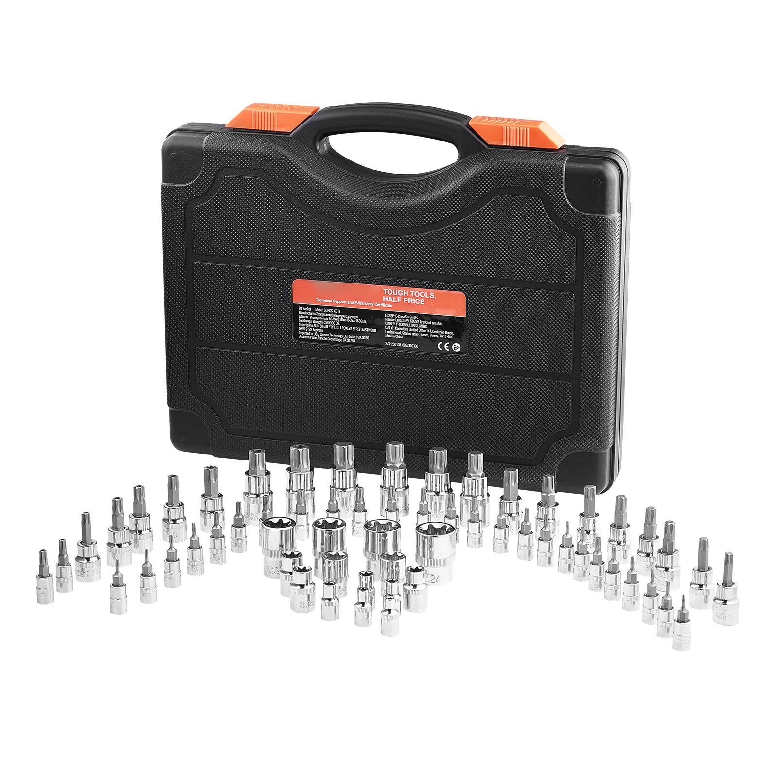 torx bit socket and external torx socket set, 60 piece t6 t70, tt6 tt70, tp8 tp60, e4 e24, s2 alloy steel and cr v steel, 1/4 in, 3/8 in, and 1/2 in drives, with enhanced storage case, hand use