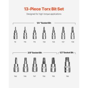 torx bit socket set, 13 piece star t8 t60 set, s2 alloy steel and cr v steel, 1/4 in, 3/8 in, and 1/2 in drives, with enhanced storage case, torx sockets for hand use, mechanics, auto repair