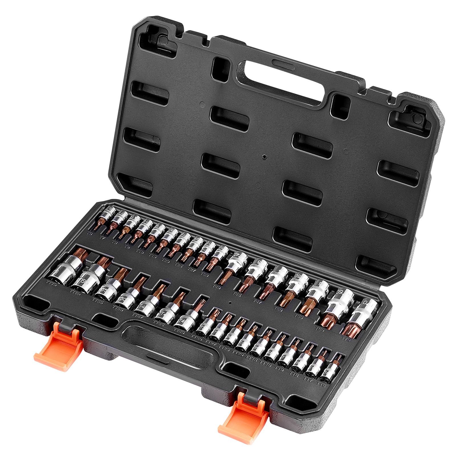 torx bit socket set, 34 piece solid star and tamper proof t6 t70, s2 alloy steel and cr v steel, 1/4 in, 3/8 in, and 1/2 in drives, with enhanced storage case, torx sockets for hand use