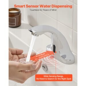 touchless bathroom sink faucet, automatic motion sensor restroom toilet faucet cold water with hole cover plate, battery operated for 9/16 in pipe commercial lavatory,chrome plated silver