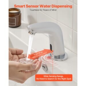 touchless bathroom sink faucet, automatic motion sensor restroom toilet faucet cold water with hole cover plate, battery operated for 9/16 in pipe commercial lavatory,chrome plated silver g112m