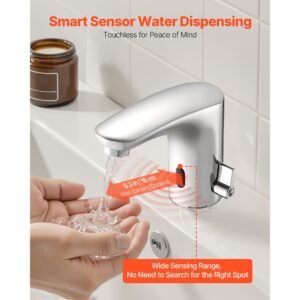 touchless bathroom sink faucet, automatic motion sensor restroom toilet faucet, handsfree adjustable cold hot single handle water mixer battery operated for 9/16 in pipe,chrome plated silver