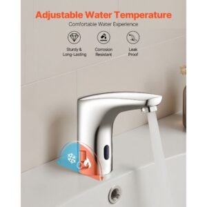 touchless bathroom sink faucet, automatic motion sensor restroom toilet faucet, handsfree adjustable cold hot single handle water mixer battery operated for 9/16 in pipe,chrome plated silver