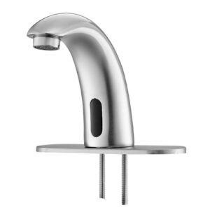 Touchless Bathroom Sink Faucet, Automatic Motion Sensor Restroom Toilet Faucet with Hole Cover Plate, Battery Operated,Adjustable Temp for 9/16 in Pipe Commercial Lavatory,Brushed Nickel Silver