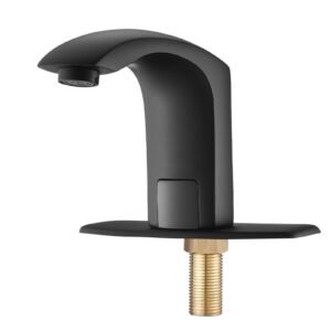 Touchless Bathroom Sink Faucet, Automatic Motion Sensor Restroom Toilet Faucet with Hole Cover Plate, Battery Operated,Adjustable Temperature for 9/16 in Pipe Commercial Lavatory,Matte Black