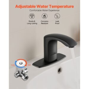 touchless bathroom sink faucet, automatic motion sensor restroom toilet faucet with hole cover plate, battery operated,adjustable temperature for 9/16 in pipe commercial lavatory,matte black