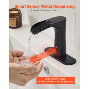 touchless bathroom sink faucet, automatic motion sensor waterfall restroom toilet faucet with hole cover plate, modern electronic sensor hot/cold water for 9/16 in pipe commercial,matte black