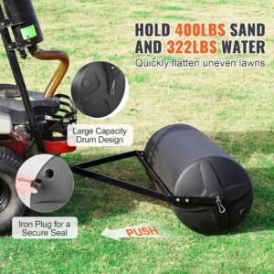 tow behind lawn roller, 400lbs sand/water filled yard roller, lldpe drum and steel frame sod roller with easy turn plug, tow behind a tractor or atv for lawn, garden, farm, park, black