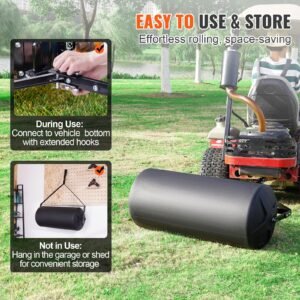 tow behind lawn roller, 400lbs sand/water filled yard roller, lldpe drum and steel frame sod roller with easy turn plug, tow behind a tractor or atv for lawn, garden, farm, park, black