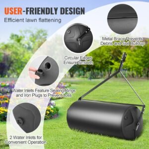 tow behind lawn roller, 400lbs sand/water filled yard roller, lldpe drum and steel frame sod roller with easy turn plug, tow behind a tractor or atv for lawn, garden, farm, park, black