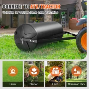 tow behind lawn roller, 400lbs sand/water filled yard roller, lldpe drum and steel frame sod roller with easy turn plug, tow behind a tractor or atv for lawn, garden, farm, park, black