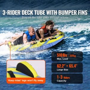 towable tube for boating, 1 3 riders inflatable towable tube with bumper fins, 510 lbs water sport towable tubes for boats to pull, full nylon cover, eva grab handles and speed safety valve