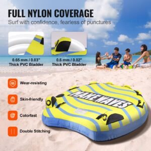 towable tube for boating, 1 3 riders inflatable towable tube with bumper fins, 510 lbs water sport towable tubes for boats to pull, full nylon cover, eva grab handles and speed safety valve