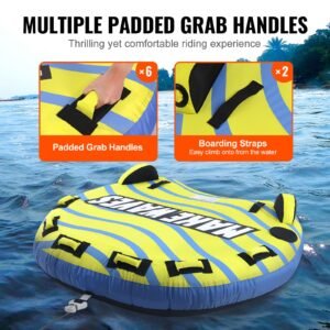 towable tube for boating, 1 3 riders inflatable towable tube with bumper fins, 510 lbs water sport towable tubes for boats to pull, full nylon cover, eva grab handles and speed safety valve