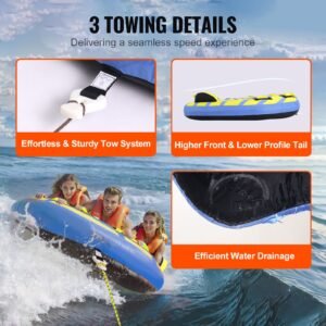 towable tube for boating, 1 3 riders inflatable towable tube with bumper fins, 510 lbs water sport towable tubes for boats to pull, full nylon cover, eva grab handles and speed safety valve