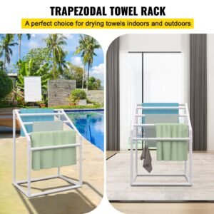 towel rack, 5 bars outdoor pvc towel holder, freestanding pool towel hanger stand with clips, bag & hook, outdoor indoor quilt drying rack organizer, ideal for poolside, bathroom, spa, white