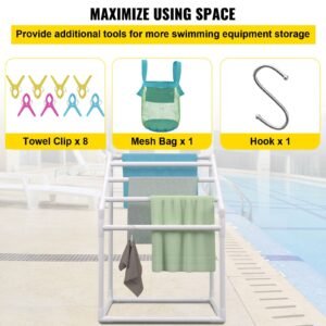 towel rack, 5 bars outdoor pvc towel holder, freestanding pool towel hanger stand with clips, bag & hook, outdoor indoor quilt drying rack organizer, ideal for poolside, bathroom, spa, white
