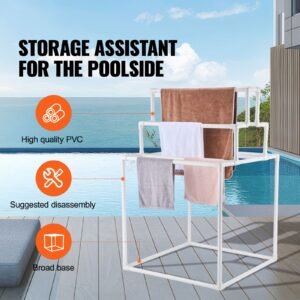 towel rack, 8 bars outdoor pvc towel holder, freestanding pool towel hanger stand next to hot tub, outdoor indoor quilt drying rack organizer, ideal for poolside, bathroom, spa, white