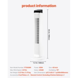 tower fan, 22 ft/s velocity quiet floor fan, 70° oscillating fans for indoors with 3 speeds, 4 modes, 12h timer, portable standing bladeless fan with remote control for bedroom, office, home