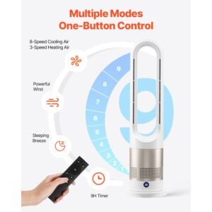 tower fan bladeless, 16 ft/s velocity quiet floor fan that blows cold & heating air, 80° oscillating fans with 8 speeds, 9h timer, standing fans with remote control for bedroom, office, home