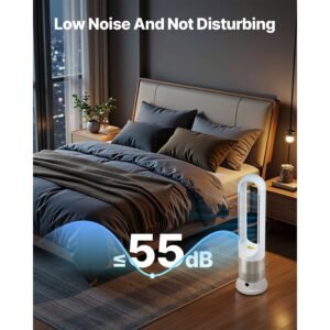 tower fan bladeless, 16 ft/s velocity quiet floor fan that blows cold & heating air, 80° oscillating fans with 8 speeds, 9h timer, standing fans with remote control for bedroom, office, home