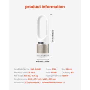 tower fan bladeless, 16.4ft/s velocity floor fan that blows cold air, 80° oscillating 8 speed fans, 8h timer, standing fans with h13 hepa filtration, remote control & air purification mode