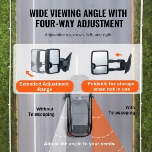 towing mirrors, left & right pair set for chevrolet silverado (2003 2007)/gmc/cadillac, power heated with signal light & led driving light, manual telescoping folding, and heating defrost, black