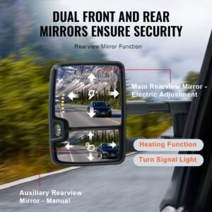 towing mirrors, left & right pair set for chevrolet silverado (2003 2007)/gmc/cadillac, power heated with signal light & led driving light, manual telescoping folding, and heating defrost, black