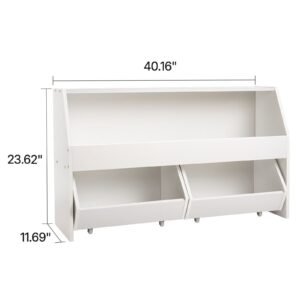 toy storage organizer, wooden kids bookshelf with storage, toy storage cabinet with 2 mobile drawers, kids storage organizer for bedroom, nursery, living room, entryway, preschool, white