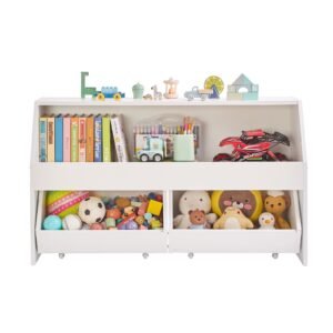toy storage organizer, wooden kids bookshelf with storage, toy storage cabinet with 2 mobile drawers, kids storage organizer for bedroom, nursery, living room, entryway, preschool, white