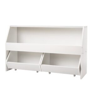 Toy Storage Organizer, Wooden Kids Bookshelf with Storage, Toy Storage Cabinet with 2 Mobile Drawers, Kids Storage Organizer for Bedroom, Nursery, Living Room, Entryway, Preschool, White