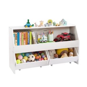toy storage organizer, wooden kids bookshelf with storage, toy storage cabinet with 2 mobile drawers, kids storage organizer for bedroom, nursery, living room, entryway, preschool, white