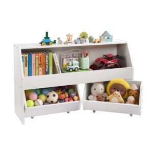 toy storage organizer, wooden kids bookshelf with storage, toy storage cabinet with 2 mobile drawers, kids storage organizer for bedroom, nursery, living room, entryway, preschool, white