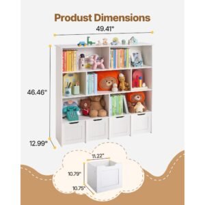 toy storage organizer, wooden kids bookshelf with storage, toy storage cabinet with 4 mobile drawers, kids storage organizer for bedroom, nursery, living room, entryway, preschool, white