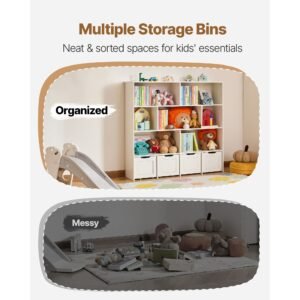 toy storage organizer, wooden kids bookshelf with storage, toy storage cabinet with 4 mobile drawers, kids storage organizer for bedroom, nursery, living room, entryway, preschool, white