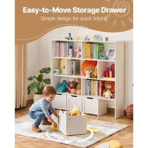 toy storage organizer, wooden kids bookshelf with storage, toy storage cabinet with 4 mobile drawers, kids storage organizer for bedroom, nursery, living room, entryway, preschool, white