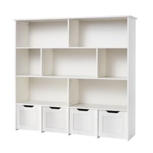 Toy Storage Organizer, Wooden Kids Bookshelf with Storage, Toy Storage Cabinet with 4 Mobile Drawers, Kids Storage Organizer for Bedroom, Nursery, Living Room, Entryway, Preschool, White