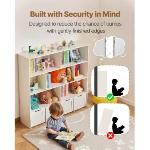 toy storage organizer, wooden kids bookshelf with storage, toy storage cabinet with 4 mobile drawers, kids storage organizer for bedroom, nursery, living room, entryway, preschool, white