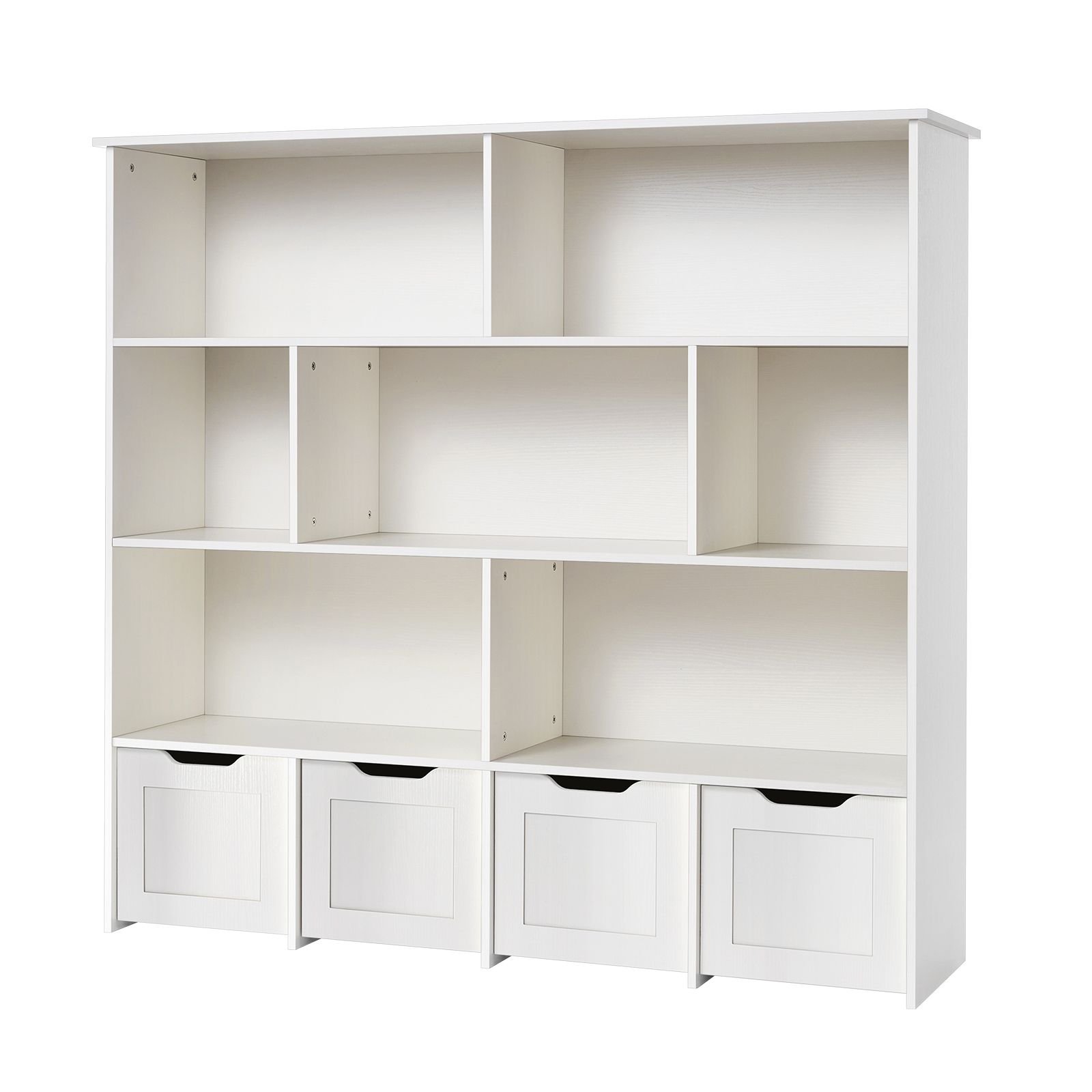 toy storage organizer, wooden kids bookshelf with storage, toy storage cabinet with 4 mobile drawers, kids storage organizer for bedroom, nursery, living room, entryway, preschool, white