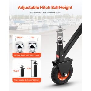 trailer dolly, 300lbs tongue weight capacity, 16.5 inch and 22 inch height adjustable trailer dolly, with 1 7/8 inch and 2 inch balls, 8.5 inch pneumatic rubber tire, for moving rv trailer
