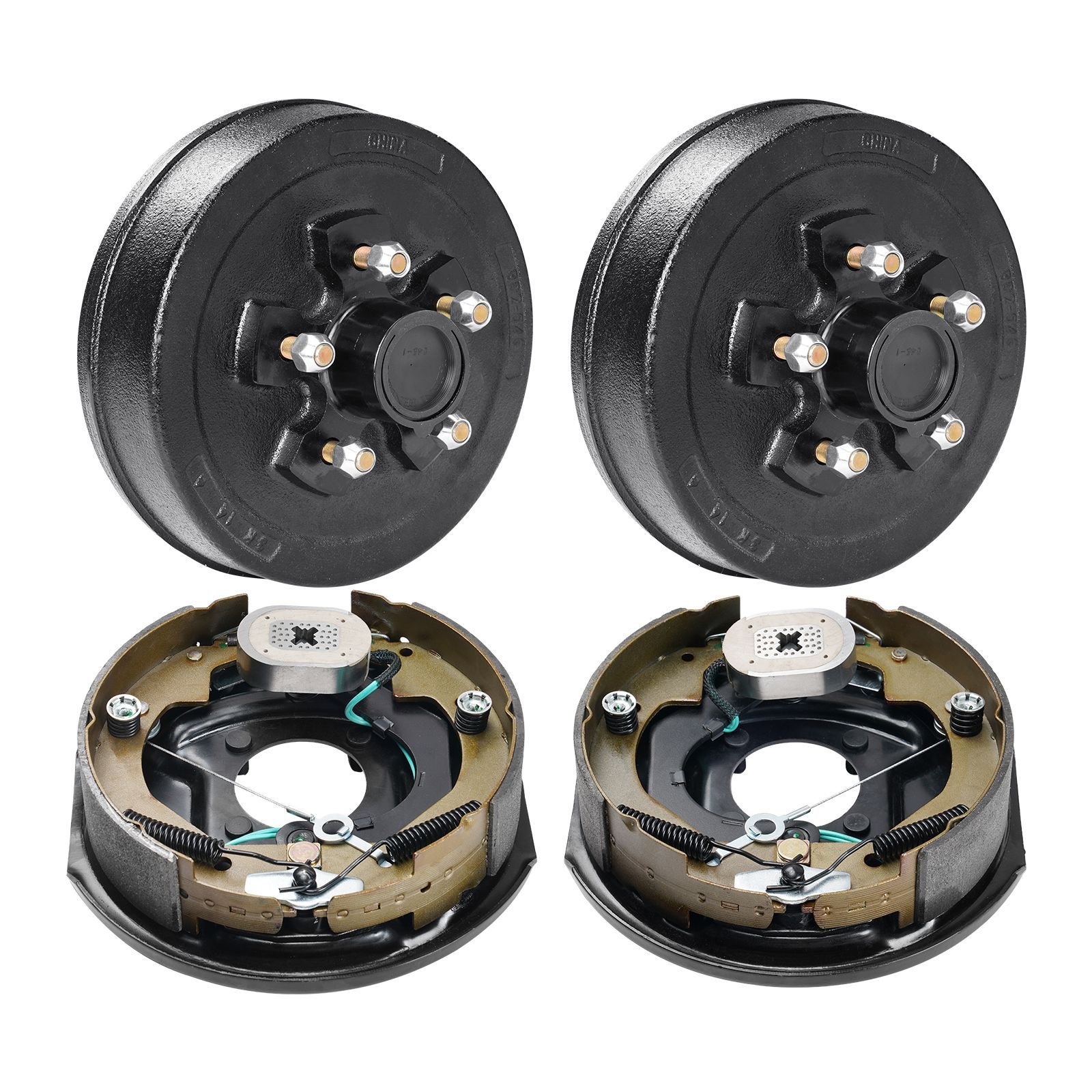 trailer hub drum kits 5 on 4.5" b.c. with 10" x 2 1/4" electric brakes, self adjusting trailer brake assembly for 3500 lbs axle, 4 hole mounting, backing plates for brake system part replacement